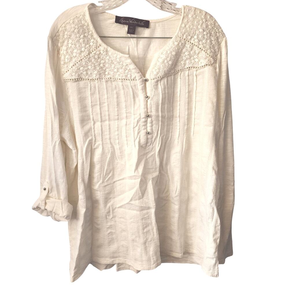 Gloria Vanderbilt Womens White Ruched Lace Flowy Blouse Plus Size XXL
